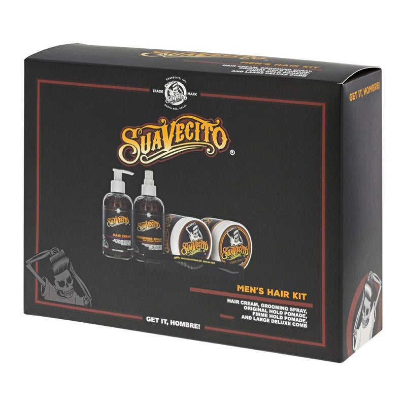 Suavecito Mens 5 PC Hair Kit  Original  Firme Strong Hold Medium Shine Pomade Hair Cream and Grooming Spray Large Deluxe Comb